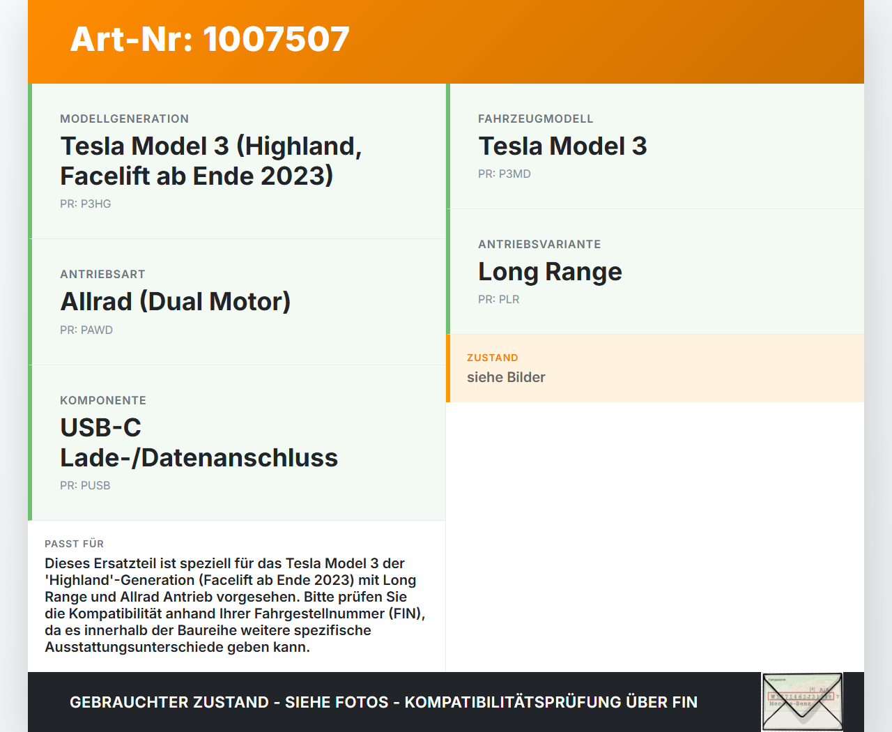 Tesla Model 3 LR Highland USB-C Buchse Anschluss Tesla Model 3 LR Highland 16.01.2024 1861611-00-B gebraucht Vorschau 3