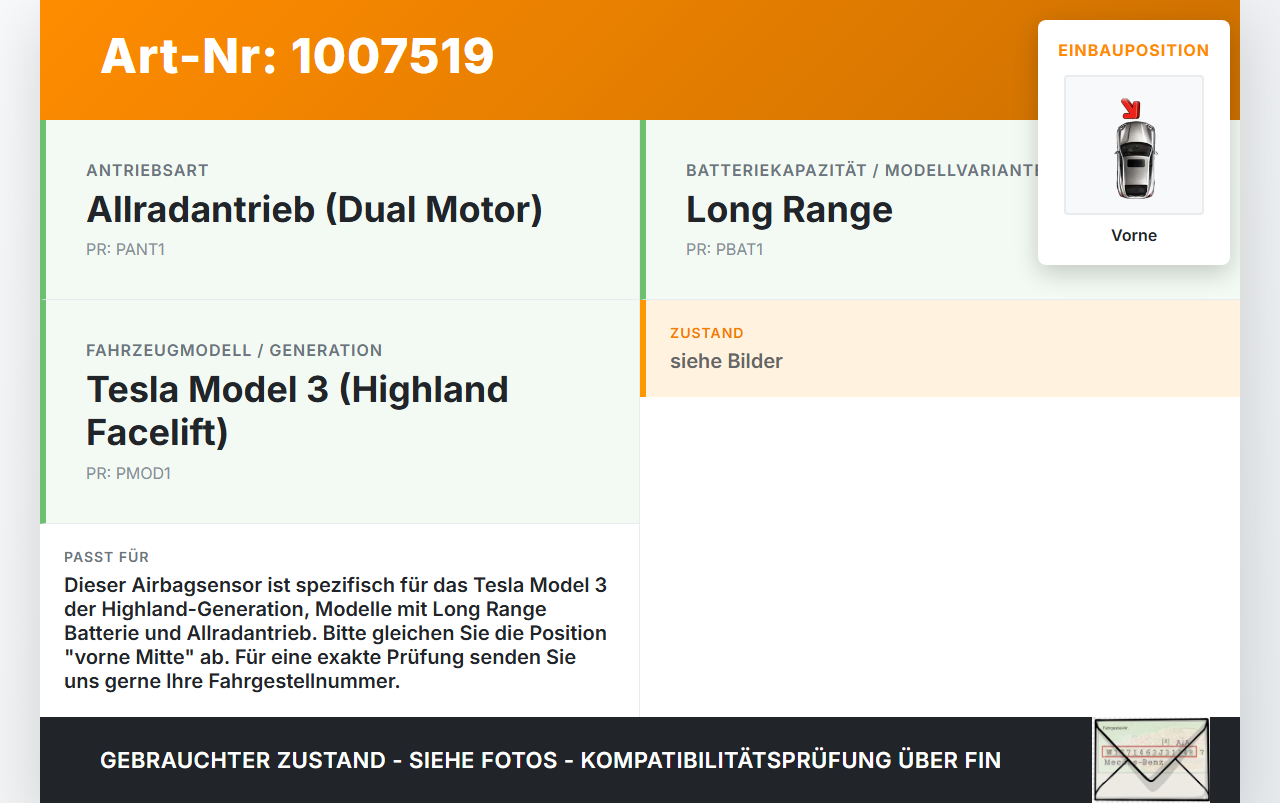 Tesla Model 3 LR Highland Airbagsensor Crashsensor Sensor Vorne Mitte Tesla Model 3 LR Highland 16.01.2024... Vorschau 3