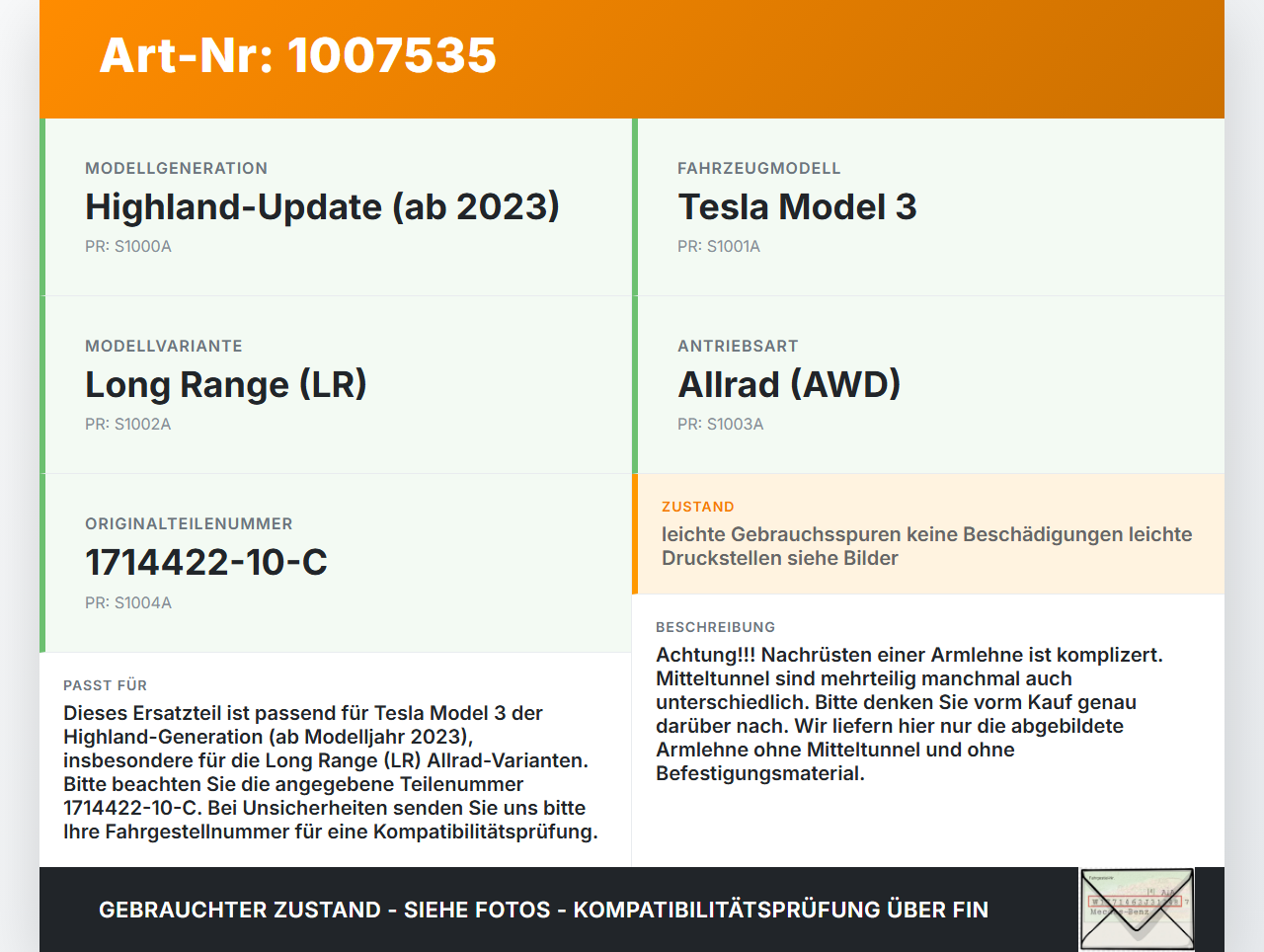 Tesla Model 3 LR Highland Armlehne Mittelarmlehne Auflage Tesla Model 3 LR Highland 16.01.2024 1714422-10-C gebraucht Vorschau 3