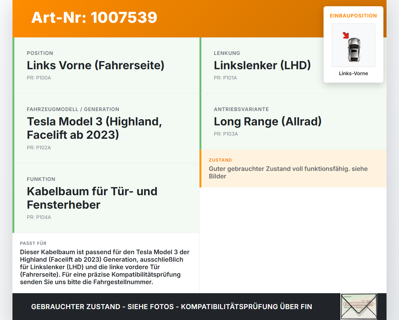 Tesla Model 3 LR Highland Kabelbaum Tür und Fensterheber Links Vorne Tesla Model 3 LR Highland 16.01.2024... Vorschau 3