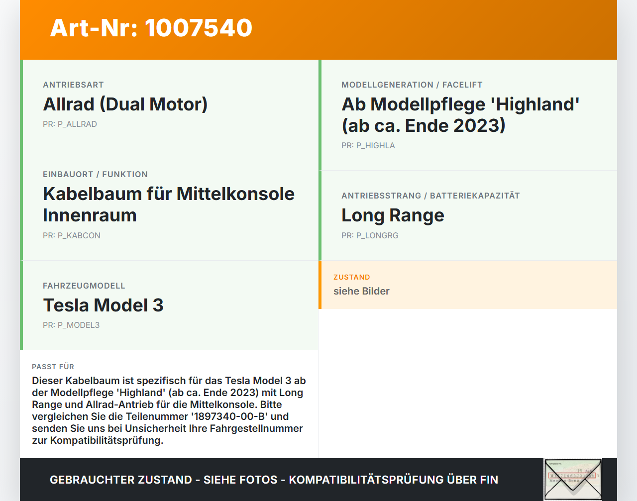 Tesla Model 3 LR Highland Kabelbaum Innen für Mittelkonsole Tesla Model 3 LR Highland 16.01.2024 1897340-00-B gebraucht Vorschau 3