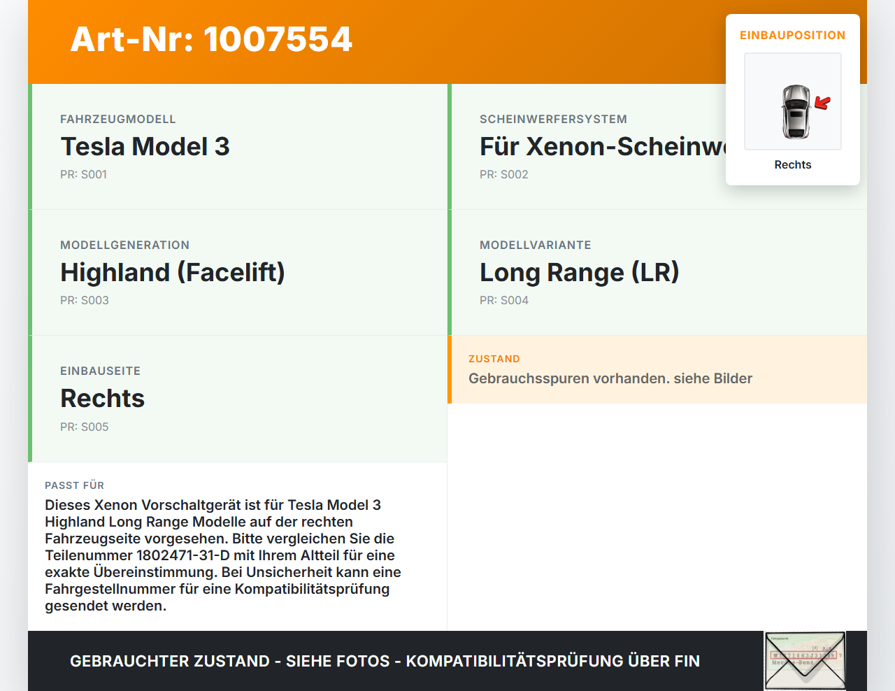 Tesla Model 3 LR Highland Xenon Vorschaltgerät Rechts Tesla Model 3 LR Highland 16.01.2024 1802471-31-D gebraucht Vorschau 3