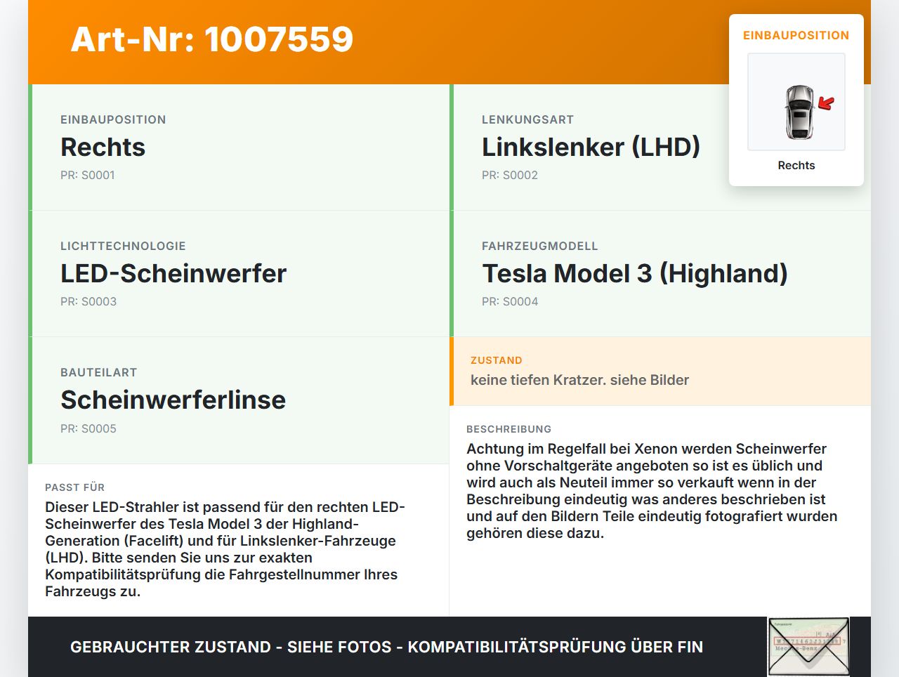 Tesla Model 3 LR Highland Linse LED Strahler für Scheinwerfer Rechts orig. Tesla Model 3 LR Highland 16.01.2024... Vorschau 3