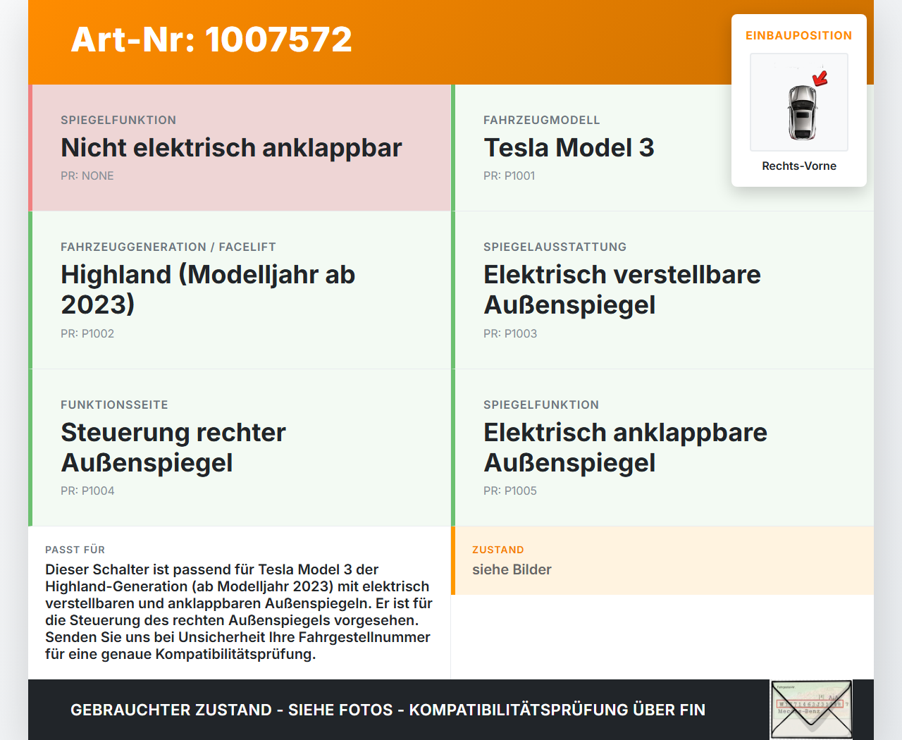 Tesla Model 3 LR Highland Spiegelverstellung Aussenspiegel Schalter Rechts Vorne Tesla Model 3 LR Highland... Vorschau 3