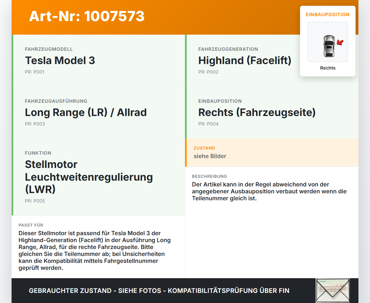 Tesla Model 3 LR Highland Stellmotor für Scheinwerfer LWR Rechts Tesla Model 3 LR Highland 16.01.2024 EGF0069... Vorschau 3