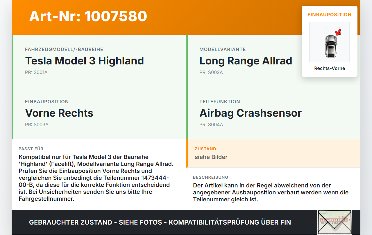 Tesla Model 3 LR Highland Sensor für Airbag Crashsensor Airbagsensor Rechts Vorne Tesla Model 3 LR Highland... Vorschau 3
