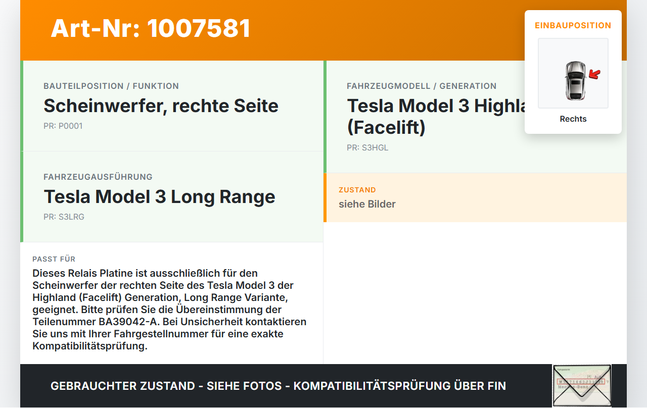 Tesla Model 3 LR Highland Relais Platine für Scheinwerfer Rechts Tesla Model 3 LR Highland 16.01.2024 BA39042-A... Vorschau 3