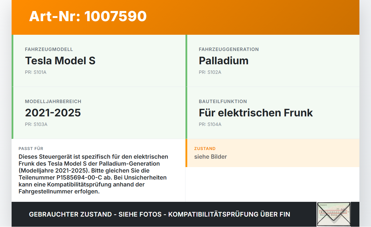 Tesla Model S Palladium 21-25 SG Steuergerät für Frunk Tesla Model S Palladium 21-25 30.07.2024 P1585694-00-C gebraucht Vorschau 3