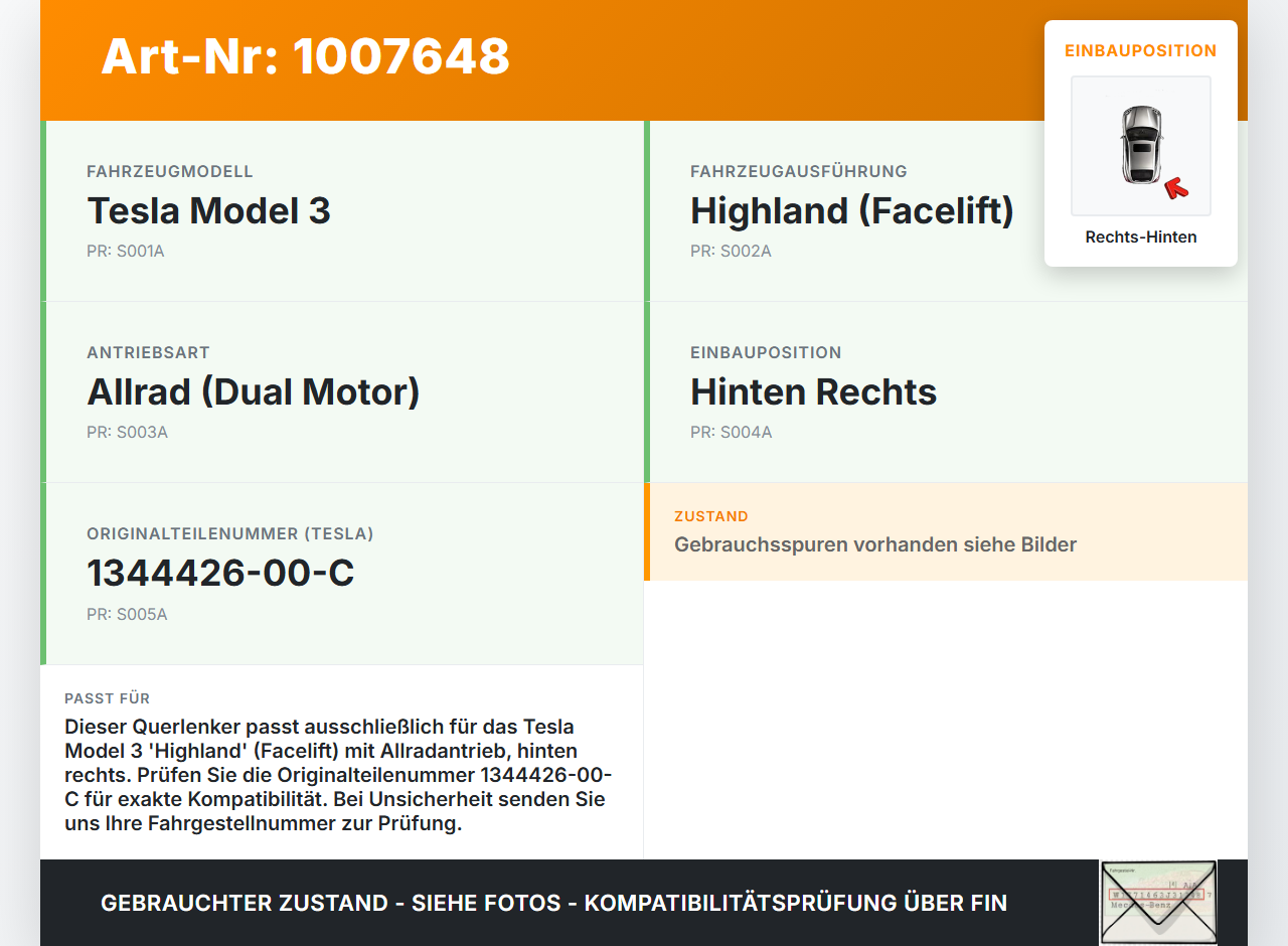 Tesla Model 3 LR Highland Querlenker Rechts Hinten Tesla Model 3 LR Highland 16.01.2024 1344426-00-C gebraucht Vorschau 3