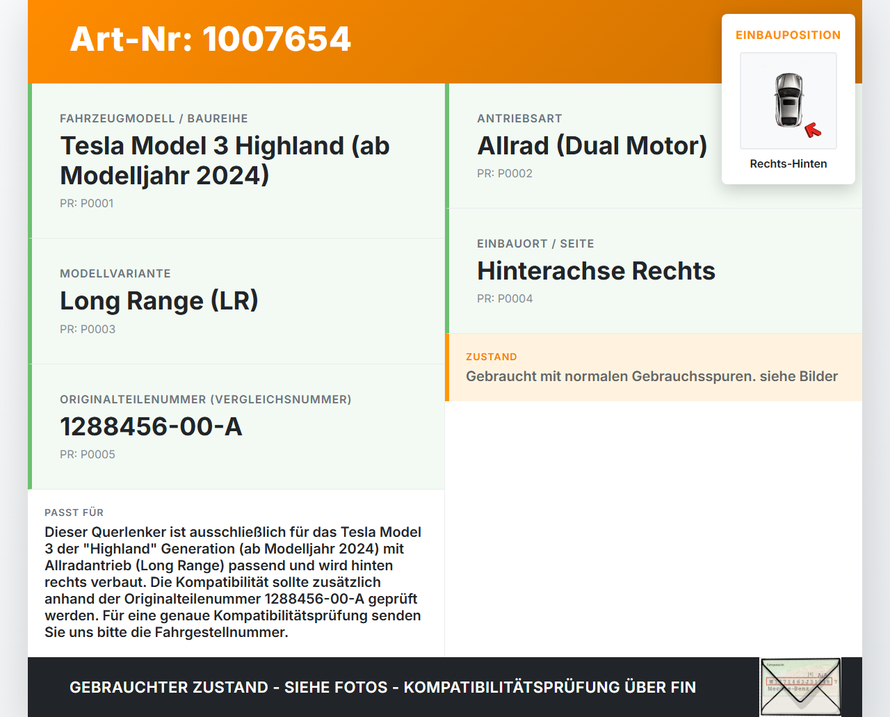 Tesla Model 3 LR Highland Querlenker Rechts Hinten Tesla Model 3 LR Highland 16.01.2024 1288456-00-A gebraucht Vorschau 3