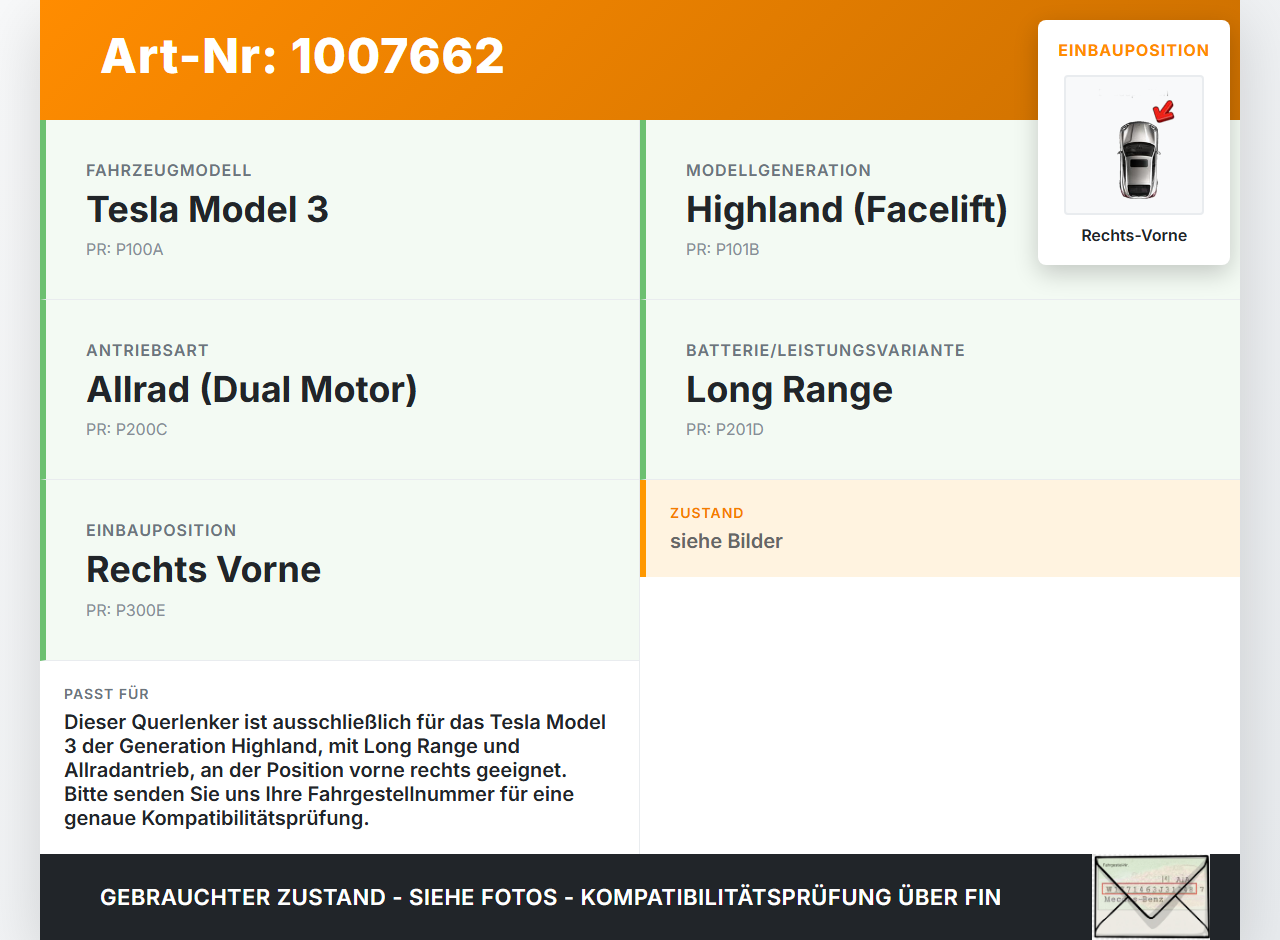 Tesla Model 3 LR Highland Querlenker Rechts Vorne Tesla Model 3 LR Highland 16.01.2024 1344359-00-A gebraucht Vorschau 3