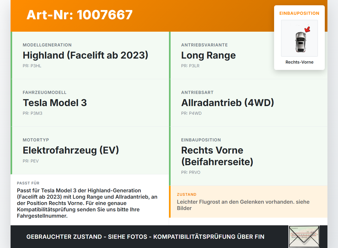 Tesla Model 3 LR Highland EV  KW 4WD Antriebswelle Gelenkwelle Rechts Vorne Tesla Model 3 LR Highland 16.01.2024... Vorschau 3