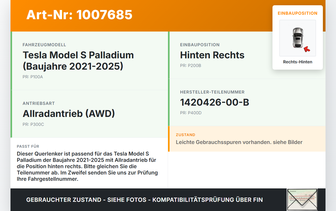 Tesla Model S Palladium 21-25 Querlenker Rechts Hinten Tesla Model S Palladium 21-25 30.07.2024 1420426-00-B gebraucht Vorschau 3