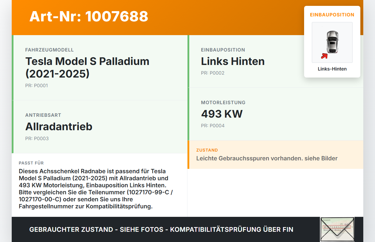 Tesla Model S Palladium 21-25  EV  493KW 4WD Achsschenkel Radnabe Links Hinten Tesla Model S Palladium 21-25... Vorschau 3