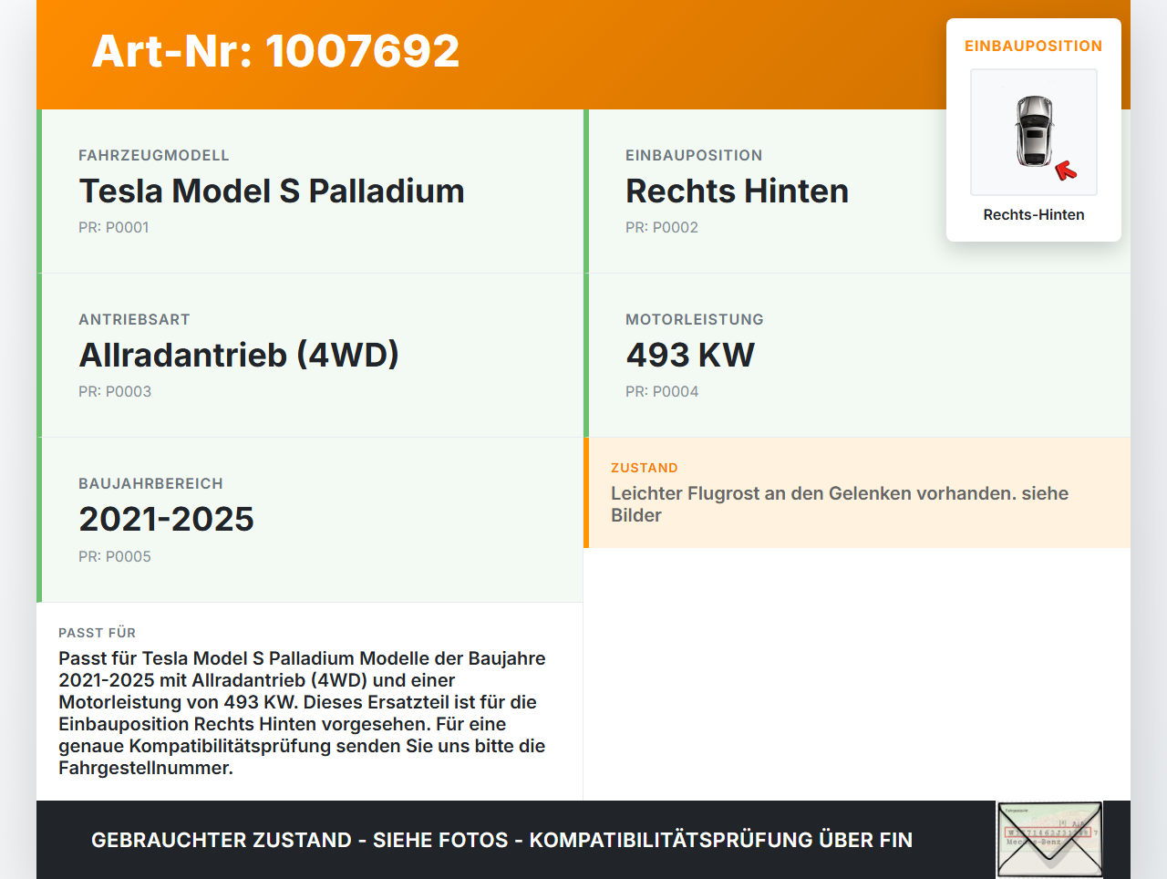 Tesla Model S Palladium 21-25  EV  493KW 4WD Antriebswelle Gelenkwelle Rechts Hinten Tesla Model S Palladium 21-25... Vorschau 3