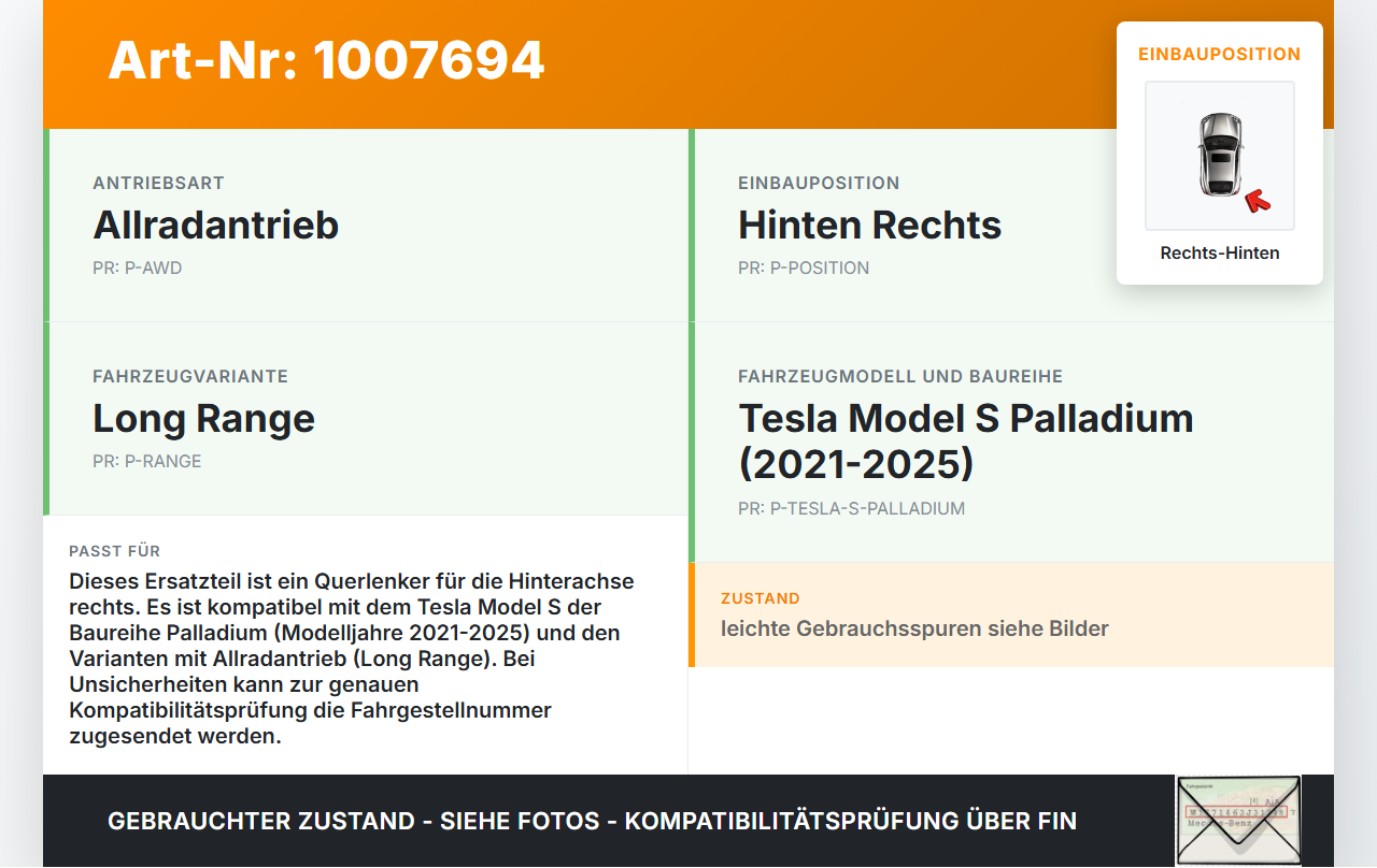 Tesla Model S Palladium 21-25 Querlenker Rechts Hinten Tesla Model S Palladium 21-25 30.07.2024 1420441-00-G gebraucht Vorschau 3