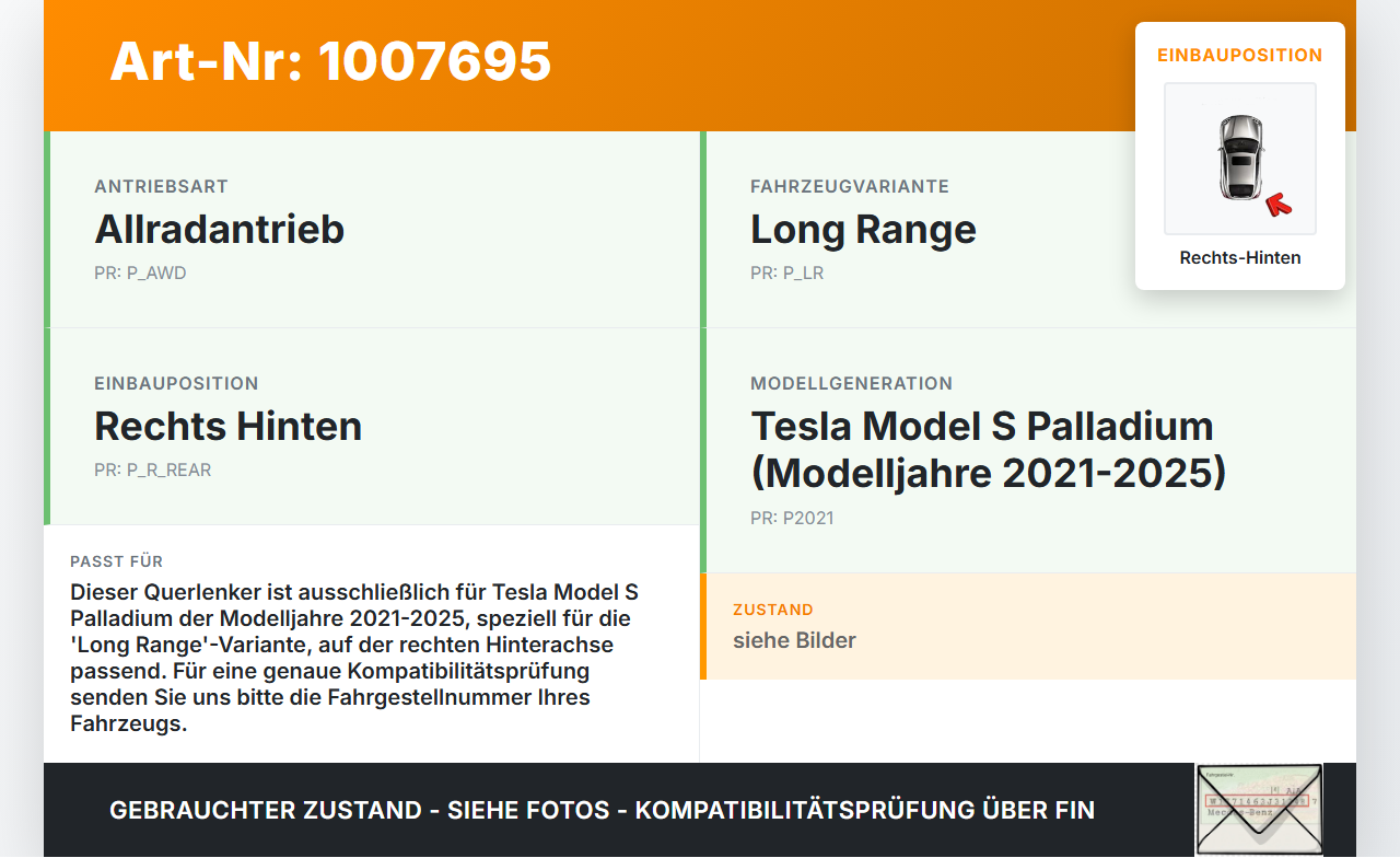 Tesla Model S Palladium 21-25 Querlenker Rechts Hinten Tesla Model S Palladium 21-25 30.07.2024 1420452-00-E gebraucht Vorschau 3