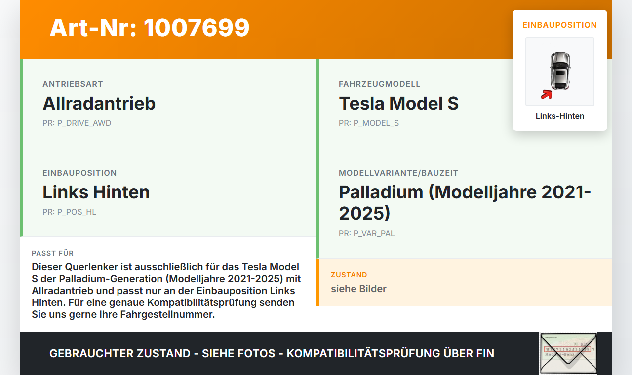 Tesla Model S Palladium 21-25 Querlenker Links Hinten Tesla Model S Palladium 21-25 30.07.2024 1420452-00-E gebraucht Vorschau 3