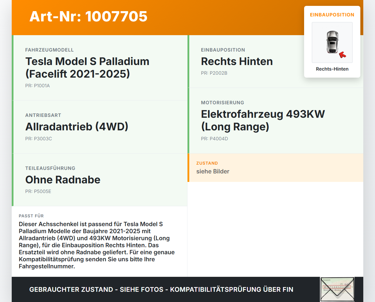 Tesla Model S Palladium 21-25  EV  493KW 4WD Achsschenkel ohne Radnabe Rechts Hinten Tesla Model S Palladium 21-25... Vorschau 3