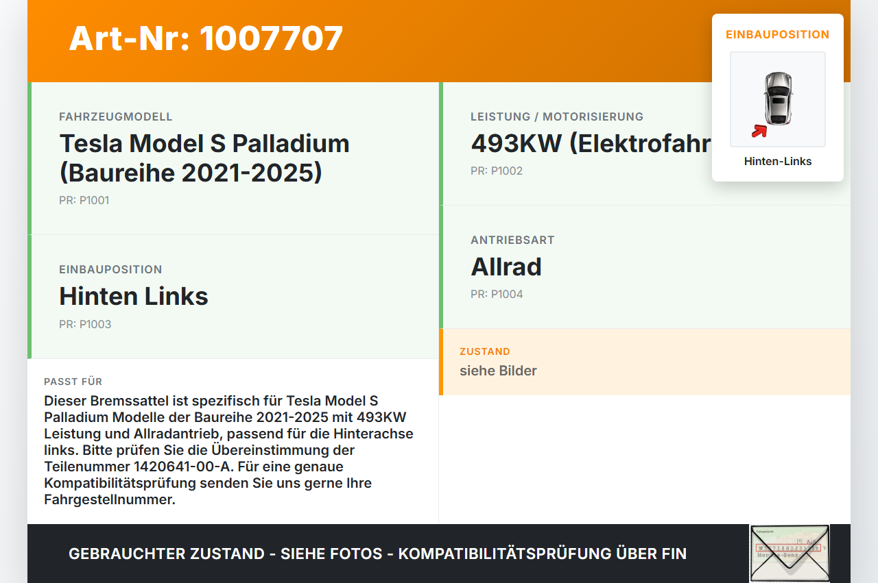 Tesla Model S Palladium 21-25 EV  493KW Bremssattel Bremszange Hinten Links Tesla Model S Palladium 21-25... Vorschau 3