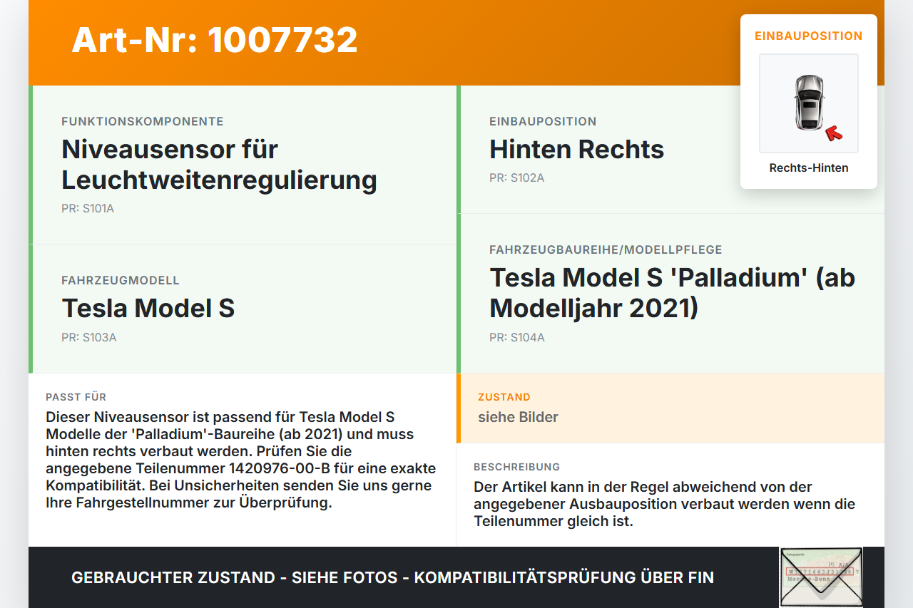 Tesla Model S Palladium 21-25 Niveausensor Leuchtweitenregulierung Sensor Rechts Hinten Tesla Model S Palladium... Vorschau 3