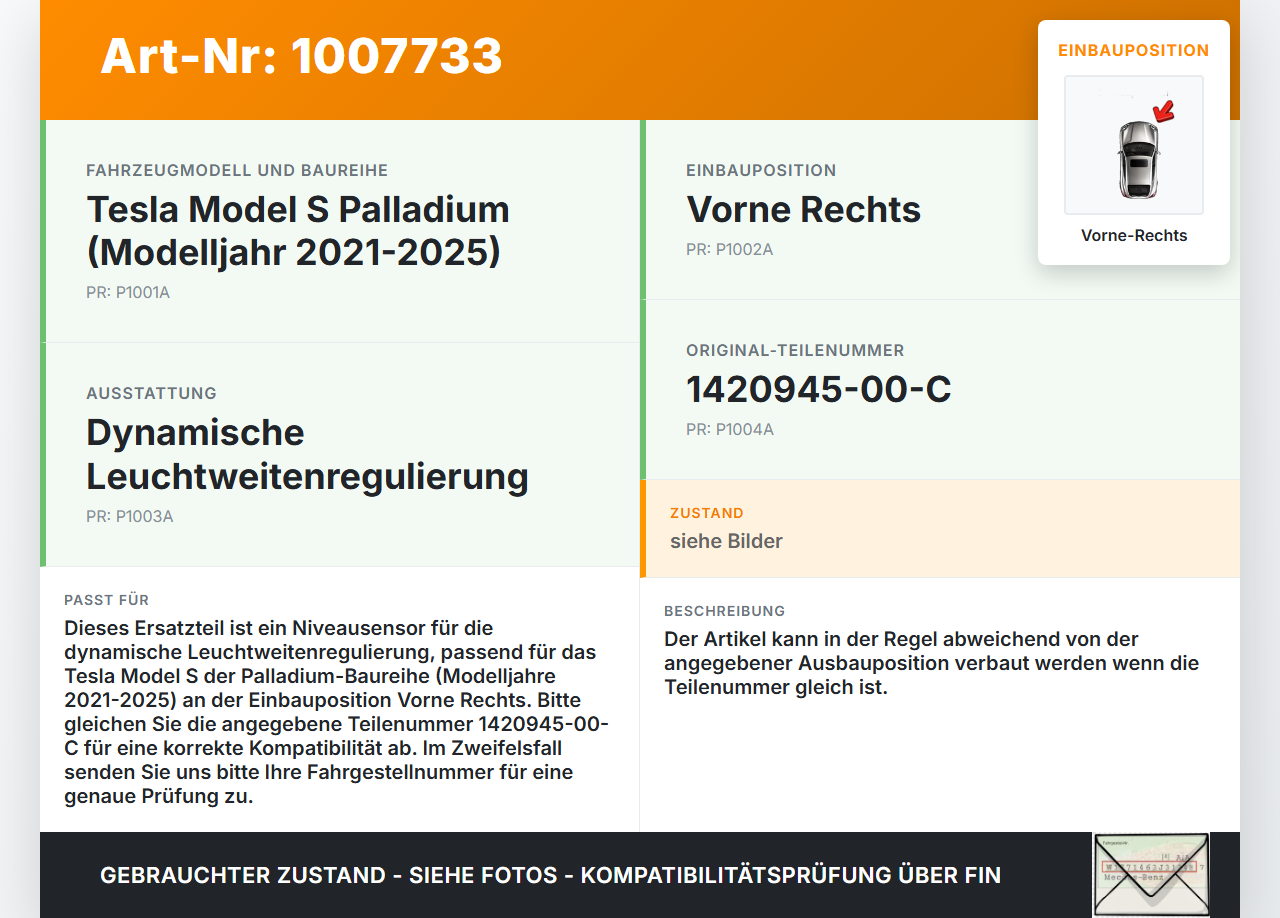 Tesla Model S Palladium 21-25 Niveausensor Leuchtweitenregulierung Vorne Rechts Tesla Model S Palladium 21-25... Vorschau 3