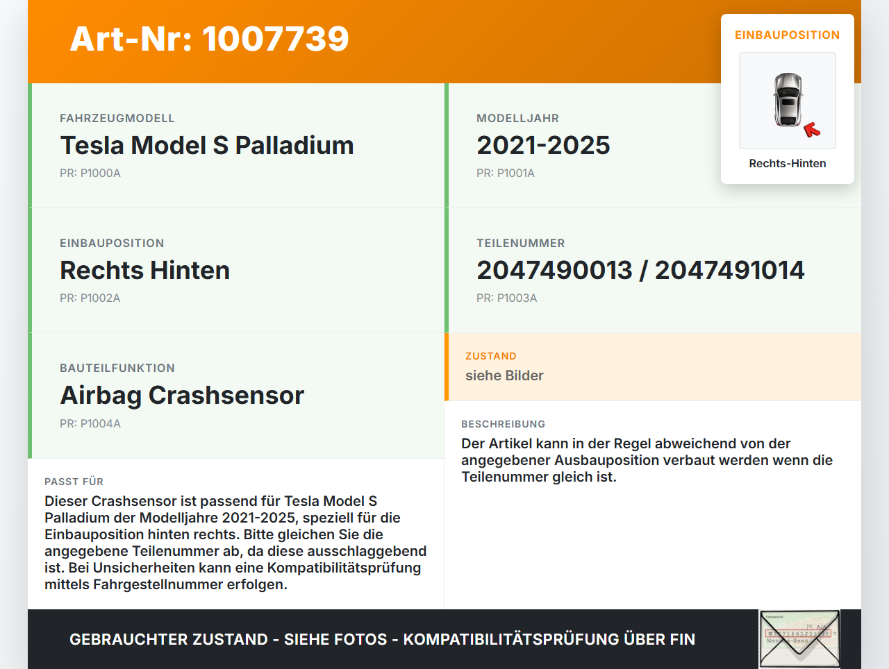 Tesla Model S Palladium 21-25 Airbagsensor Crashsensor Sensor Rechts Hinten Tesla Model S Palladium 21-25... Vorschau 3