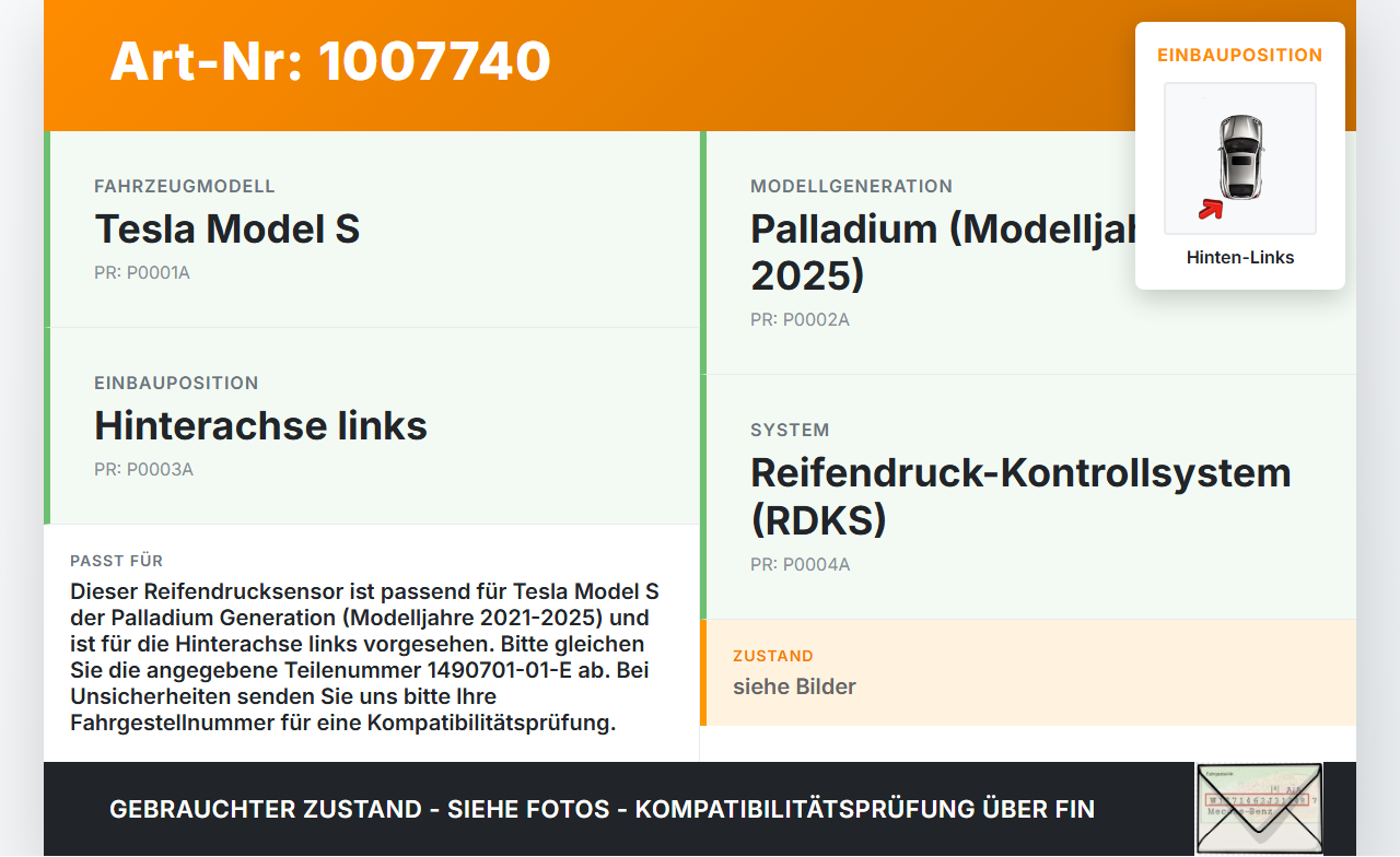 Tesla Model S Palladium 21-25 Reifendruck Sensor Radsensor Reifendrucksensor Hinten Links Tesla Model S Palladium... Vorschau 3