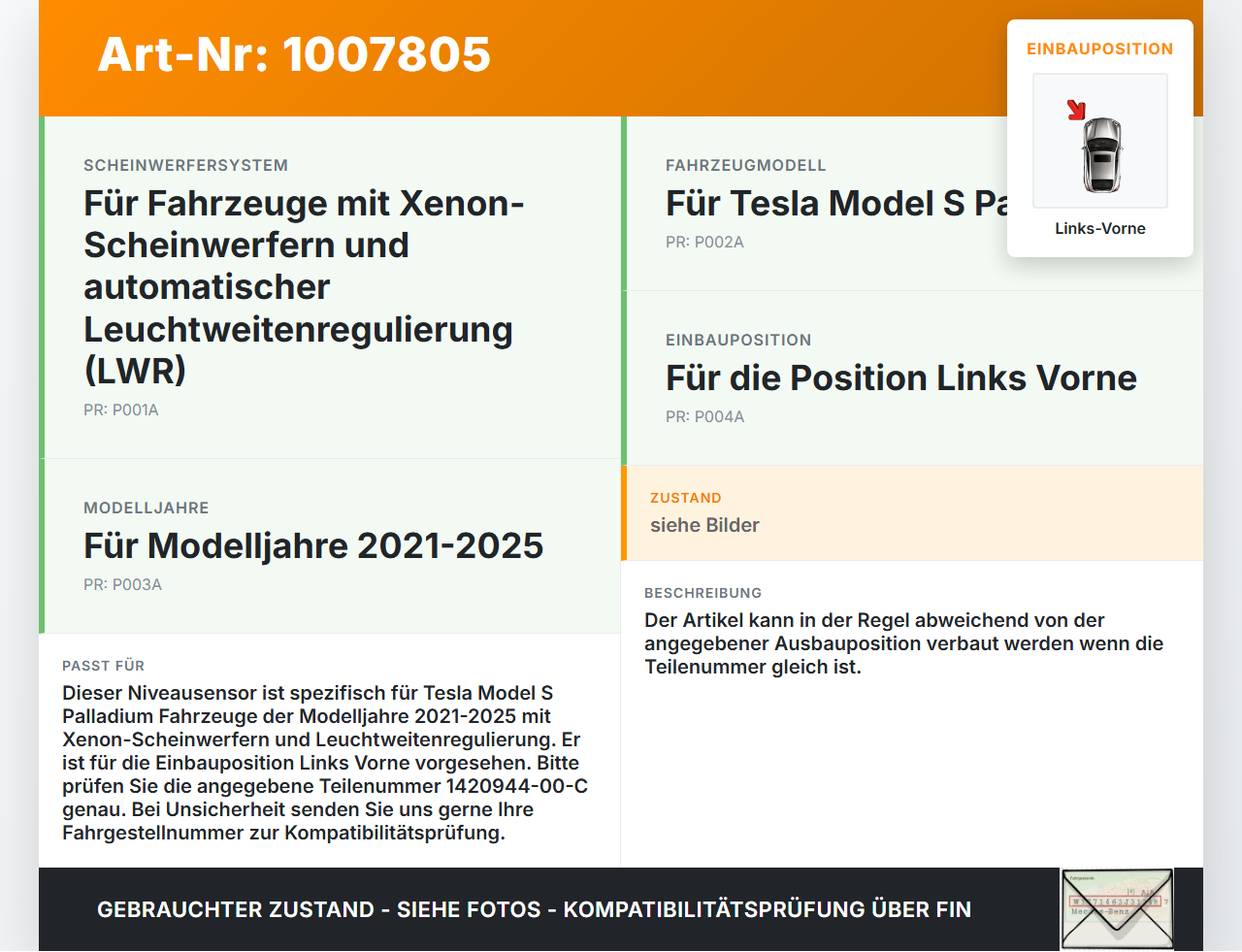 Tesla Model S Palladium 21-25 Niveausensor Xenon LWR Sensor Neigung Links Vorne Tesla Model S Palladium 21-25... Vorschau 3