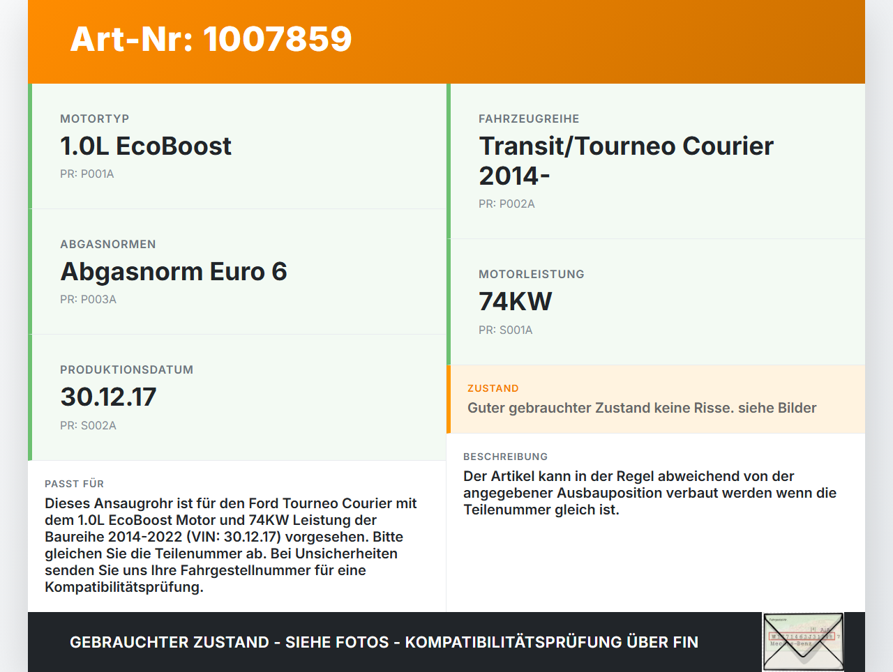 Ford Tourneo Courier 18-22 1,0 74KW Ansaugrohr Ladeluftschlauch Luftschlauch Pos.1 Ford Tourneo Courier 18-22... Vorschau 3