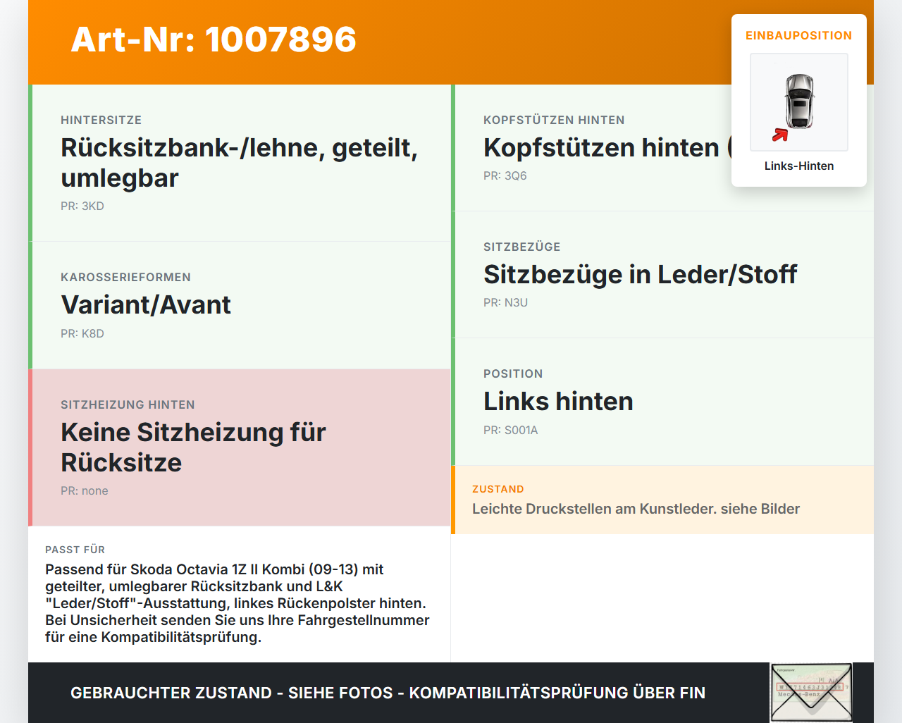 Skoda Octavia 1Z II 09-13 Kombi Rückenpolster Links für Rücksitzbank Hinten Orig. L&K Skoda Octavia 1Z II 09-13... Vorschau 3