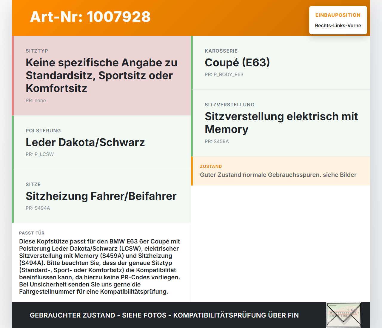 BMW E63 6er 645Ci 03-07 Kopfstütze für Fahrer Sitz Rechts oder Links Vorne BMW E63 6er 645Ci 03-07 10.01.2005... Vorschau 3