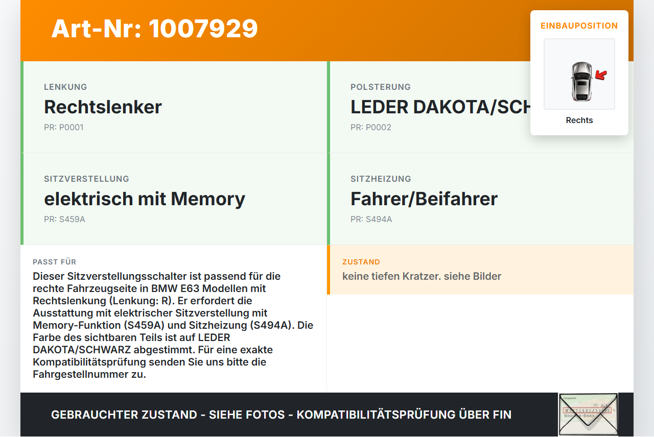 BMW E63 6er 645Ci 03-07 Sitzverstellung Schalter Rechts mit Memory Funktion BMW E63 6er 645Ci 03-07 10.01.2005... Vorschau 3