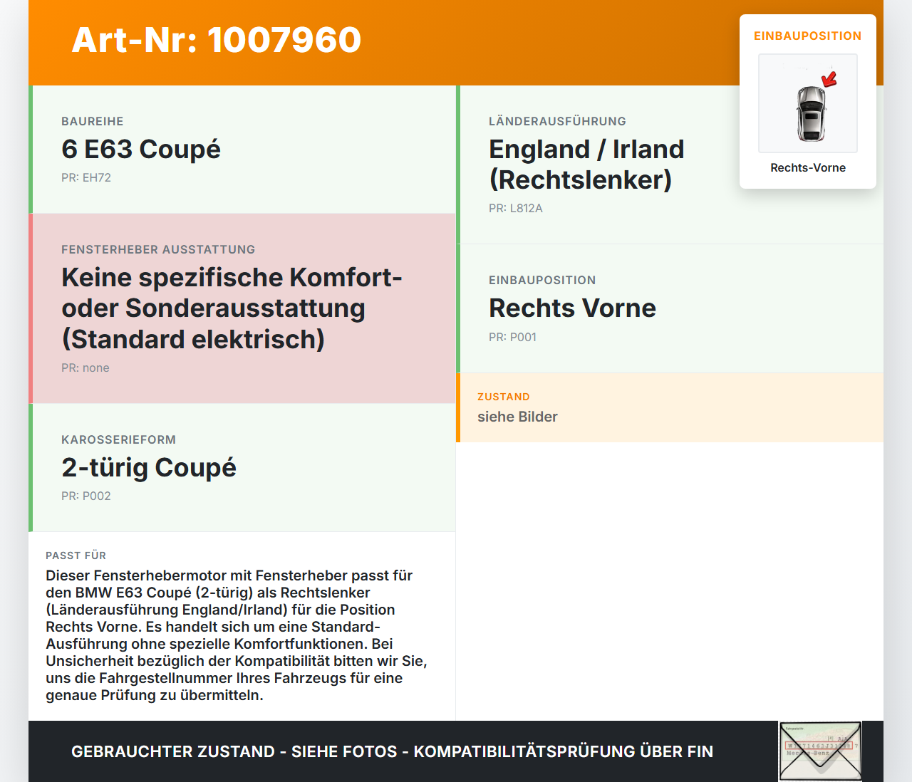 BMW E63 6er 645Ci 03-07 Coupe Fensterhebermotor mit Fensterheber Rechts Vorne BMW E63 6er 645Ci 03-07 10.01.2005... Vorschau 3