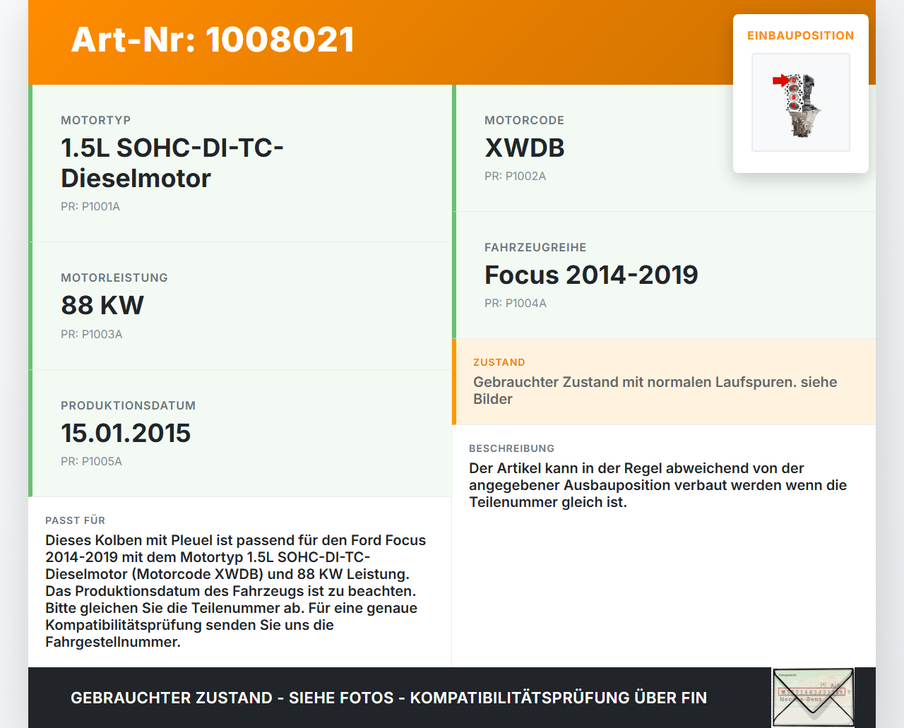 Ford Focus III 3 14-20 1,5 88KW XWDB16 XWDB Kolben mit Pleuel Pleuelstange Motorkolben A Ford Focus III 3 14-20... Vorschau 3
