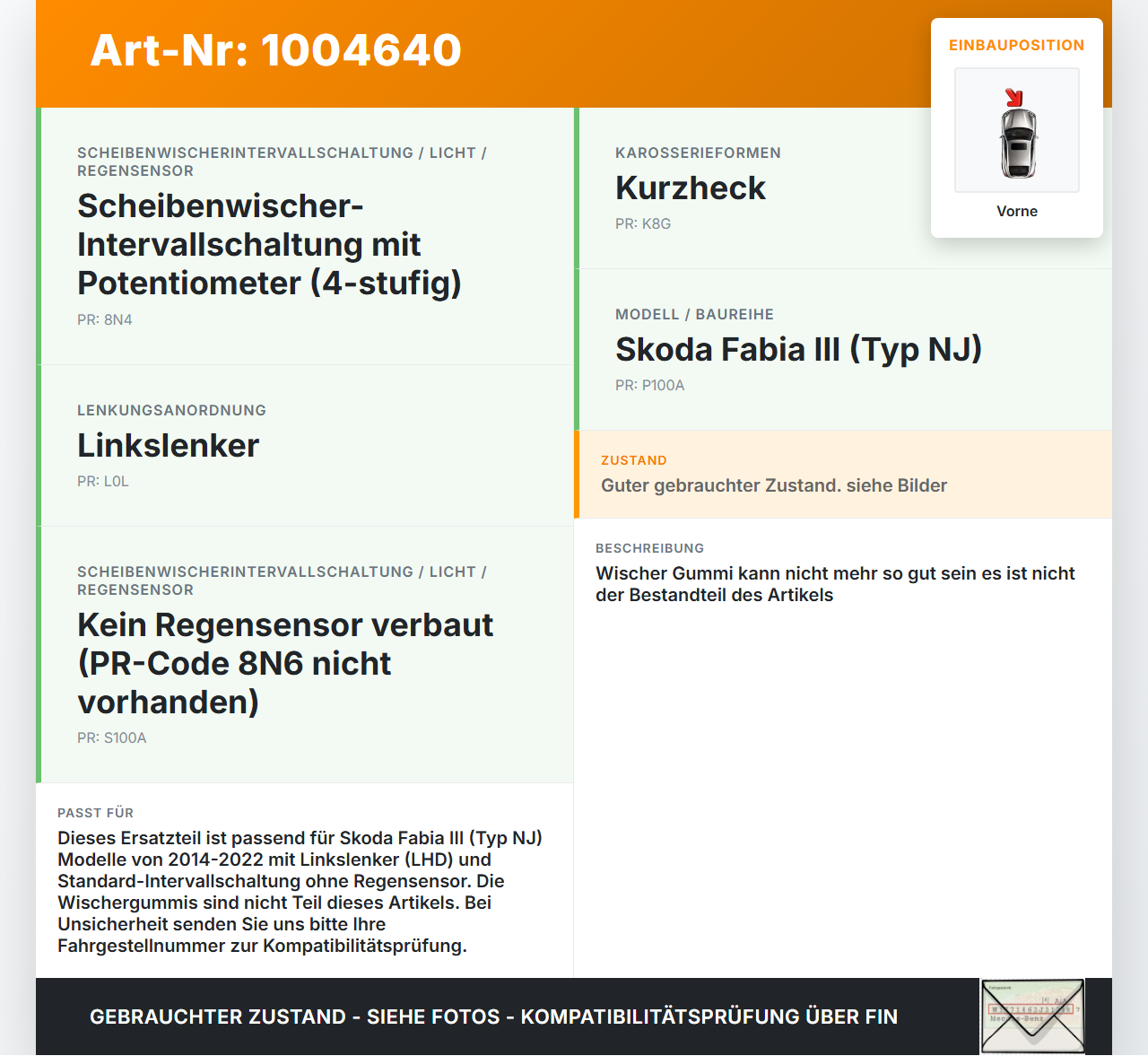 Skoda Fabia III NJ 14-22 2x Scheibenwischer Wischarm Vorne Skoda Fabia III NJ 14-22 04.10.2018 6V1955409A gebraucht Vorschau 3