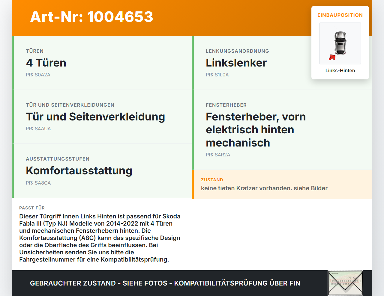 Skoda Fabia III NJ 14-22 5T Türgriff Griffmuschel Griff Innen Links Hinten Skoda Fabia III NJ 14-22 04.10.2018... Vorschau 3