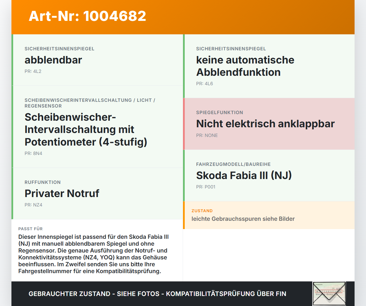 Skoda Fabia III NJ 14-22 Innenspiegel Rückspiegel Spiegel Innen Skoda Fabia III NJ 14-22 04.10.2018 3C0857511J gebraucht Vorschau 3