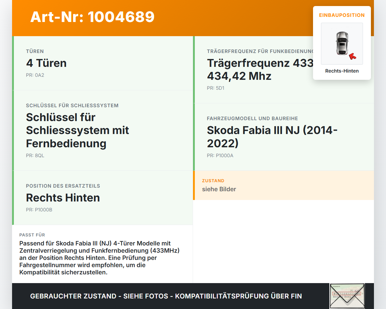 Skoda Fabia III NJ 14-22 5T Türschloss m. ZV Stellmotor Rechts Hinten Skoda Fabia III NJ 14-22 04.10.2018... Vorschau 3