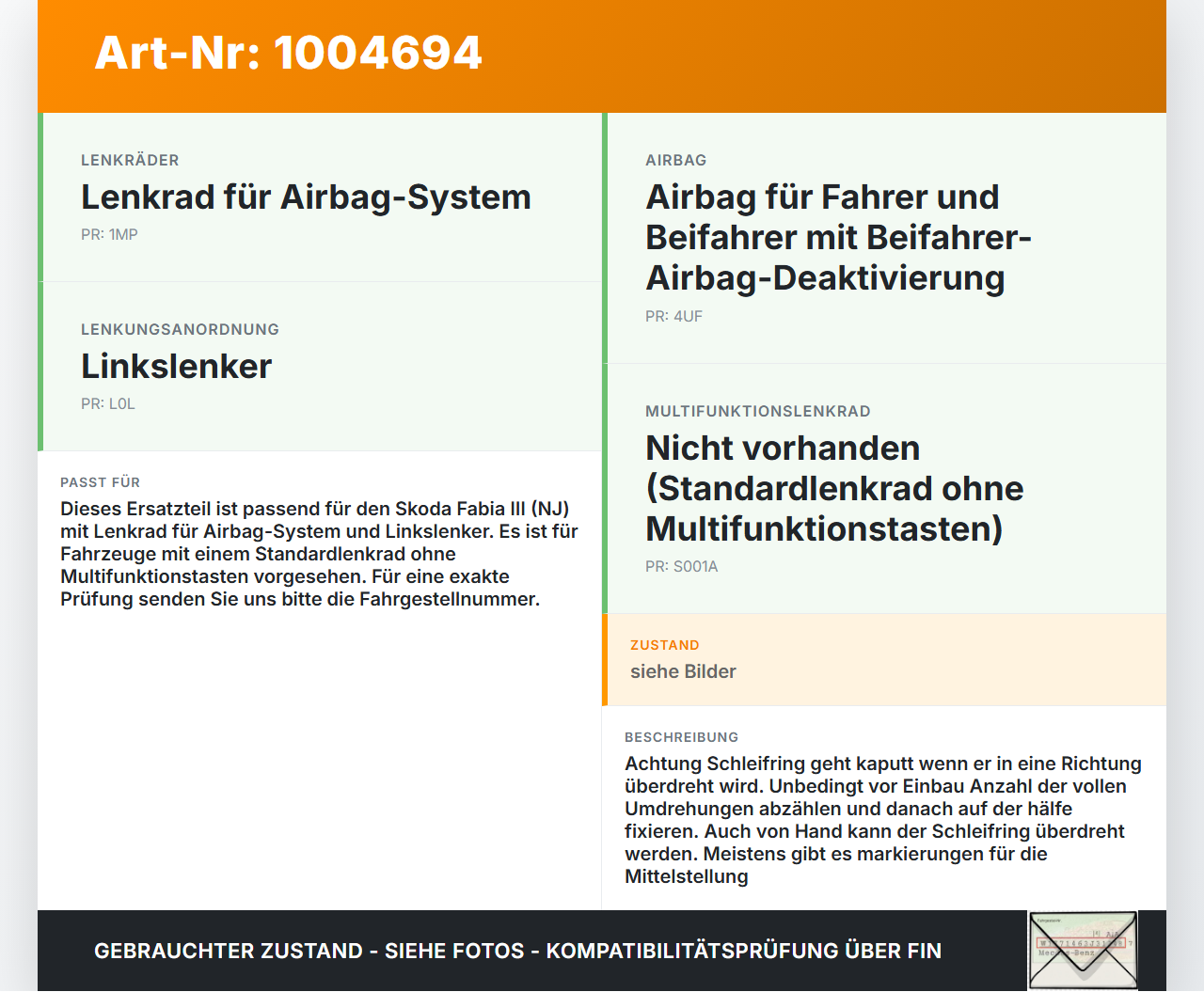 Skoda Fabia III NJ 14-22 Schleifring Wickelfeder Airbag Lenkrad Skoda Fabia III NJ 14-22 04.10.2018 6C0959653 gebraucht Vorschau 3