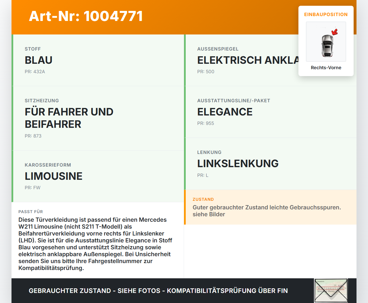 Mercedes E320 W211 S211 03-08 Lim Türverkleidung Türpappe Rechts Vorne Mercedes E320 W211 S211 03-08 07.04.2004... Vorschau 3