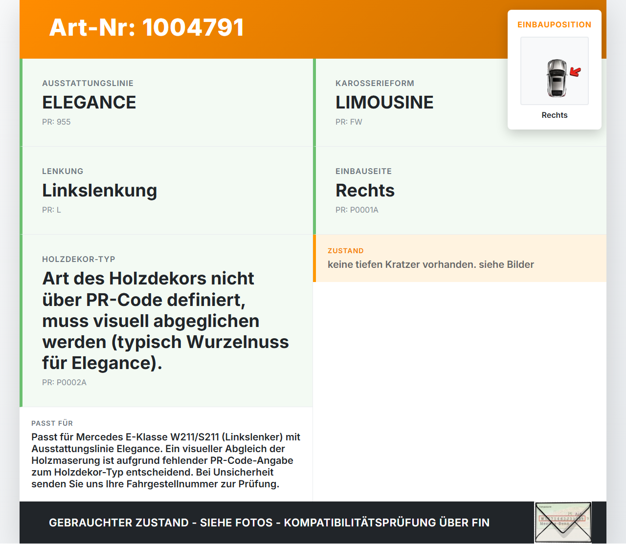 Mercedes E320 W211 S211 03-08 Holzdekor Leiste Holz Blende Rechts Mercedes E320 W211 S211 03-08 07.04.2004... Vorschau 3