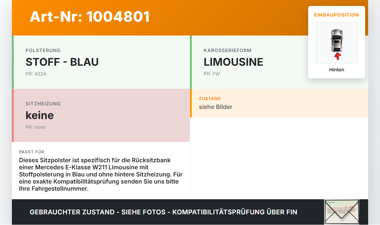 Mercedes E320 W211 S211 03-08 Lim Sitzbezug Sitzpolster für Rücksitzbank Hinten Mercedes E320 W211 S211 03-08... Vorschau 3
