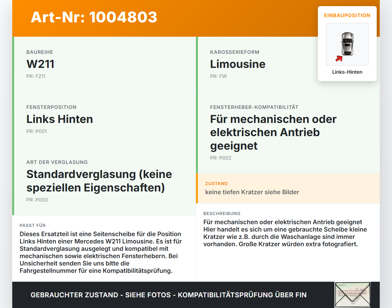 Mercedes E320 W211 S211 03-08 Lim Seitenscheibe LHK für Türscheibe Fenster Links Hinten Mercedes E320 W211 S211... Vorschau 3