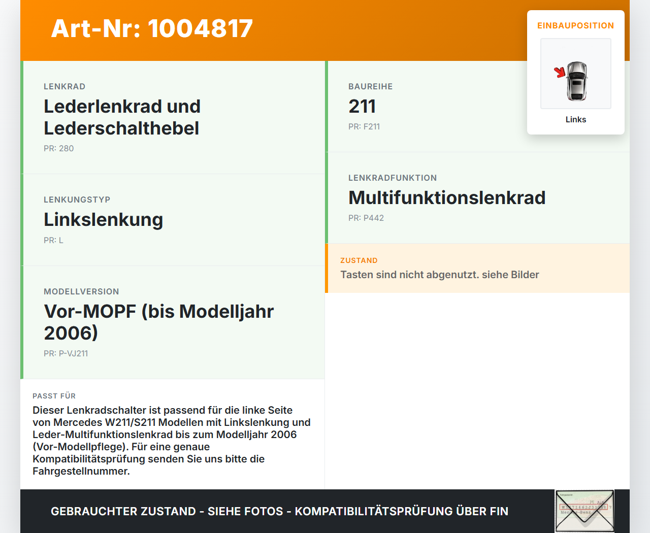 Mercedes E320 W211 S211 03-08 Lenkradschalter Multifunktionstasten Lenkrad Schalter Links Mercedes E320 W211 S211... Vorschau 3