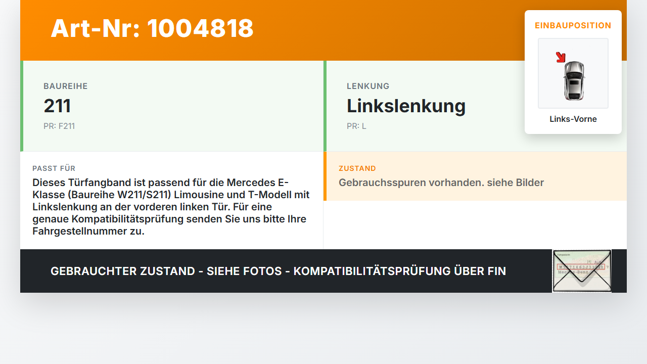 Mercedes E320 W211 S211 03-08 Lim Türfangband Türbremse Türanschlag Links Vorne Mercedes E320 W211 S211 03-08... Vorschau 3