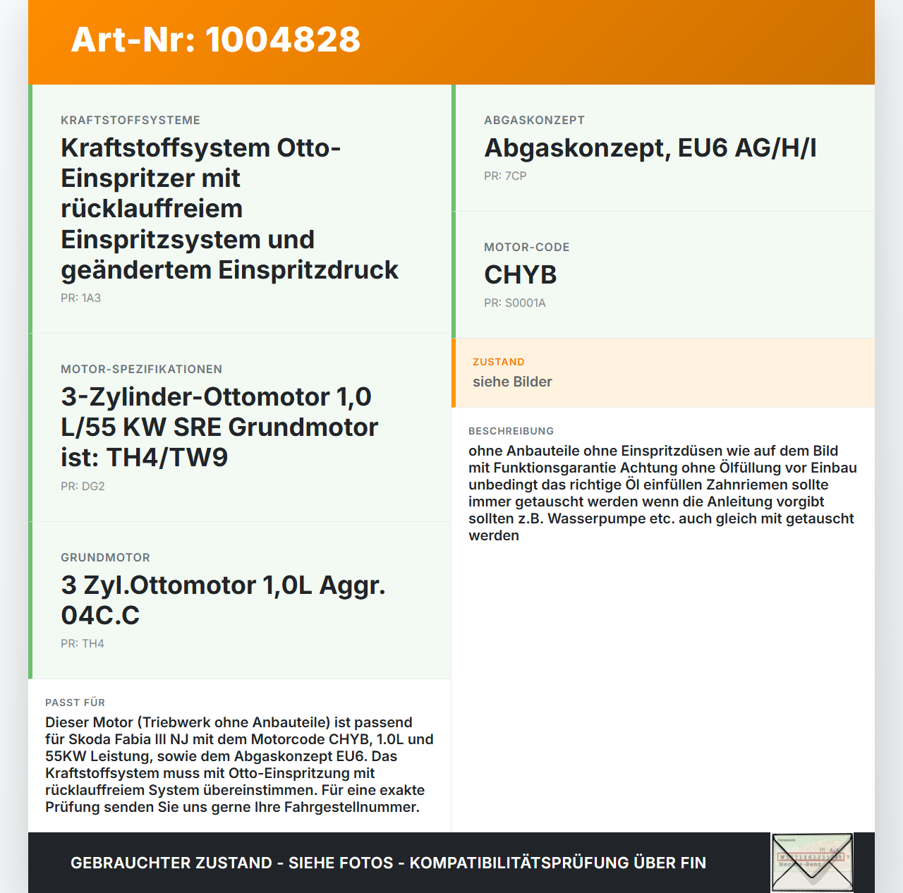 Skoda Fabia III NJ 14-22 1,0 55KW CHYB Motor Triebwerk Skoda Fabia III NJ 14-22 04.10.2018 04C100034B gebraucht Vorschau 3