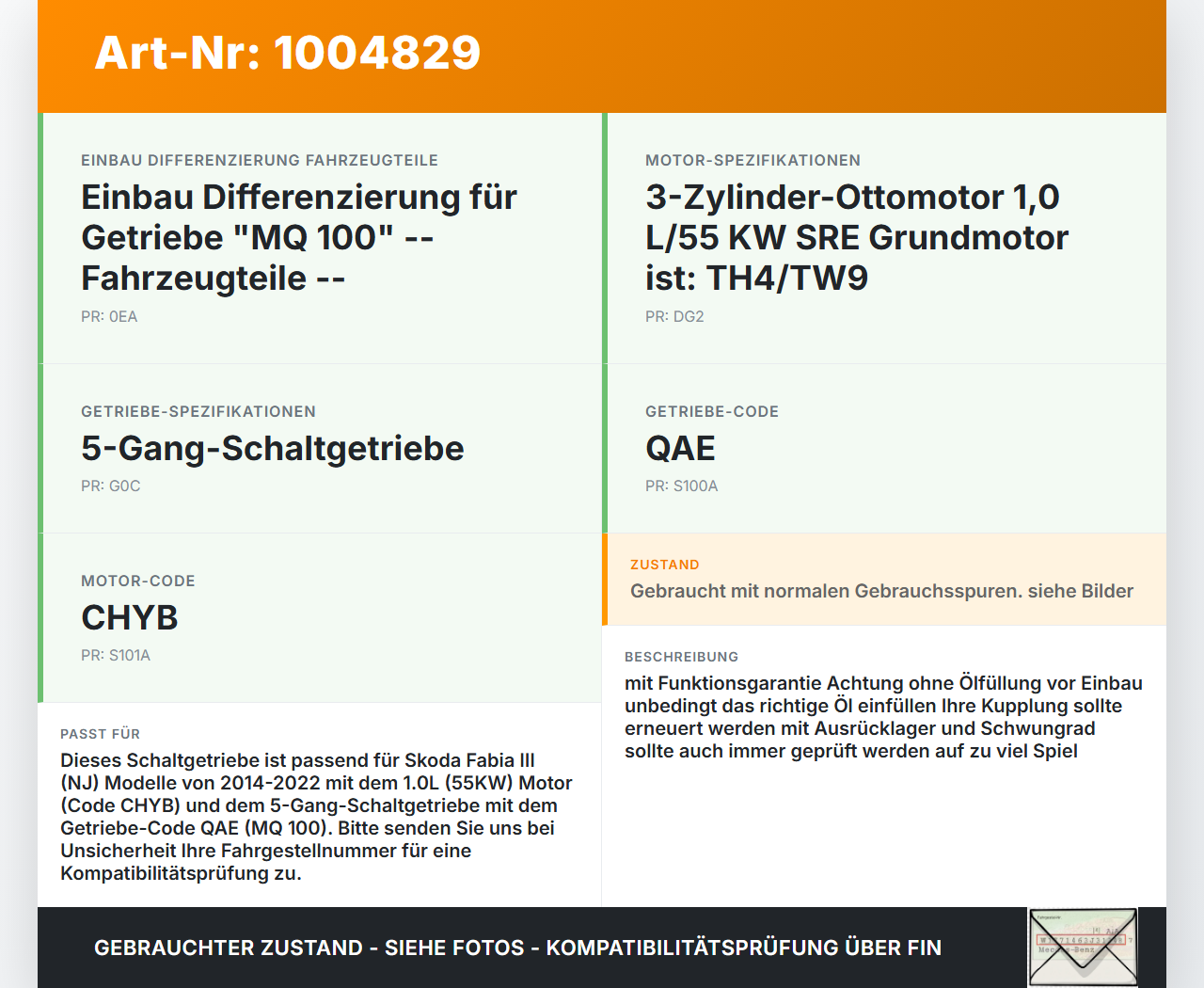 Skoda Fabia III NJ 14-22 1,0 55KW QAE Schaltgetriebe Getriebe QAE Skoda Fabia III NJ 14-22 04.10.2018 0CF301103G... Vorschau 3