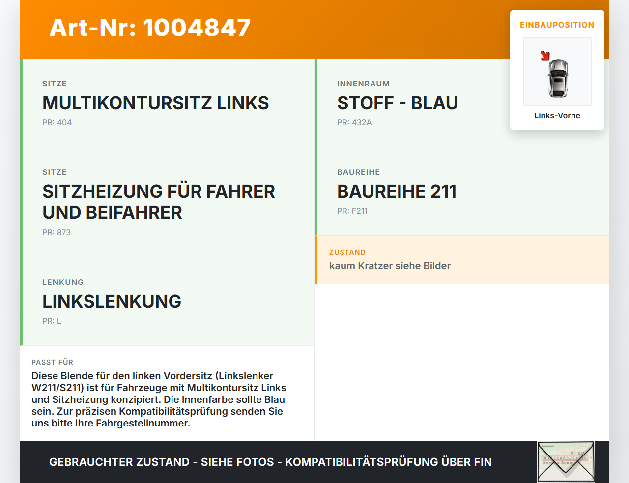 Mercedes E320 W211 S211 03-08 Blende Verkleidung Abdeckung für Sitzverstellungsschalter Links Vorne Mercedes E320... Vorschau 3