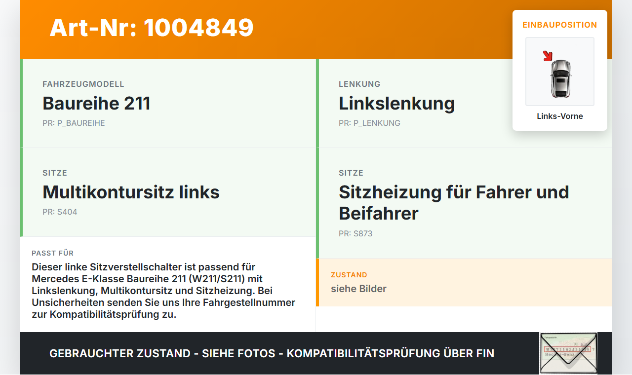 Mercedes E320 W211 S211 03-08 Schalter Links für Sitzverstellung Vorne Mercedes E320 W211 S211 03-08 07.04.2004... Vorschau 3